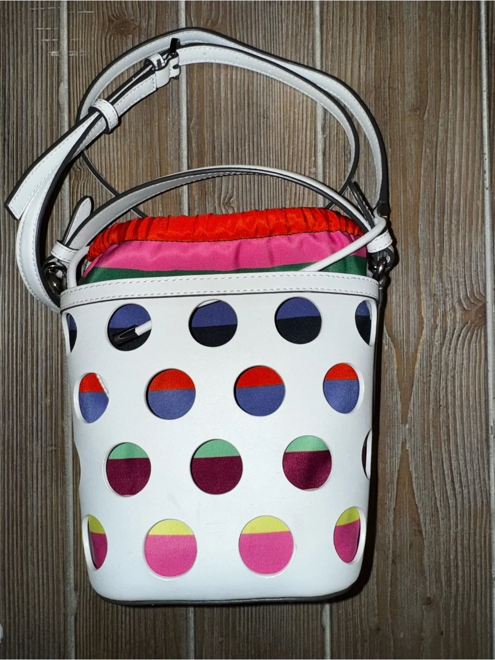KWOT Kate Spade Pippa Perforated Dot Leather Bucket Bag with Multicolor Liner